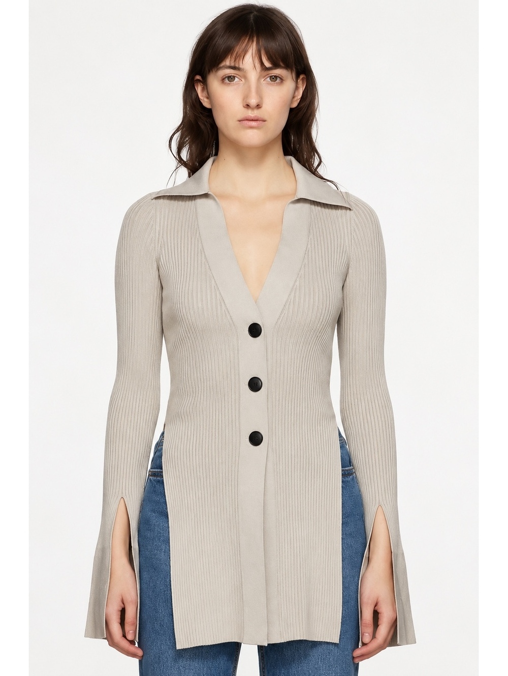 Alexander Wang Split Cuff Ribbed Longline Cardigan Bone Gray Size S